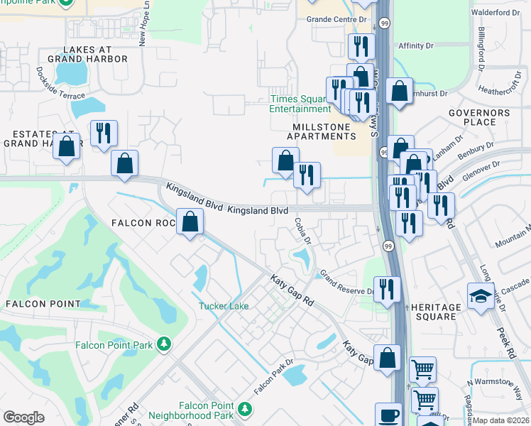map of restaurants, bars, coffee shops, grocery stores, and more near 23537 Kingsland Boulevard in Katy