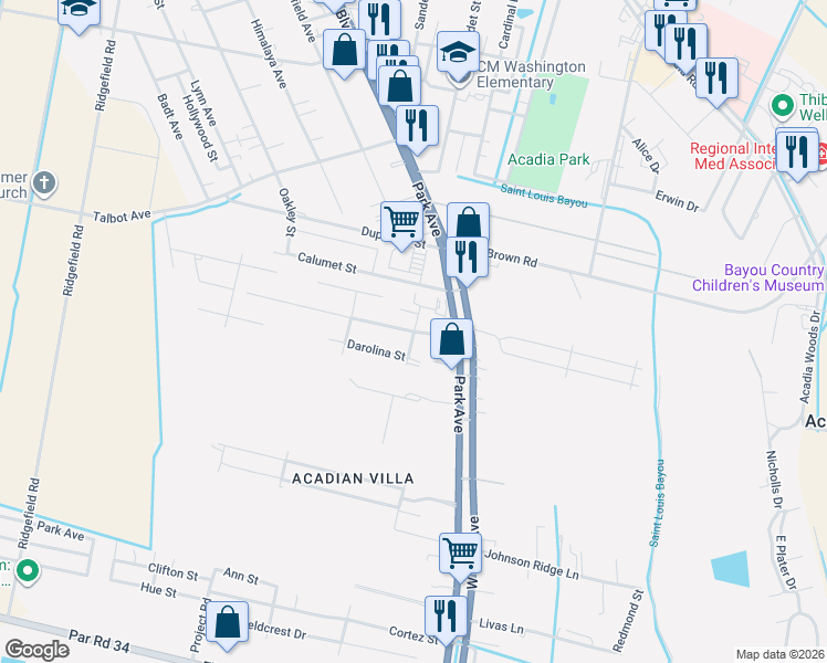 map of restaurants, bars, coffee shops, grocery stores, and more near 201 Louisiana Drive in Thibodaux