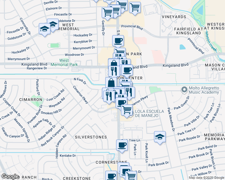 map of restaurants, bars, coffee shops, grocery stores, and more near 810 Mason Road in Katy