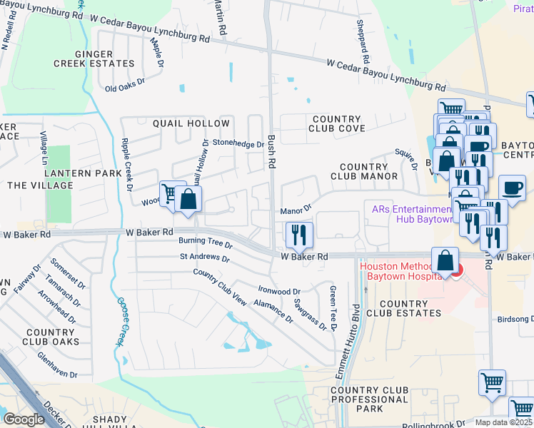 map of restaurants, bars, coffee shops, grocery stores, and more near 15 Bush Road in Baytown