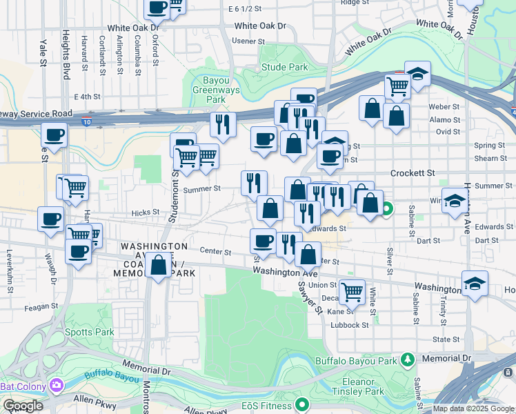 map of restaurants, bars, coffee shops, grocery stores, and more near 1500 Oliver Street in Houston