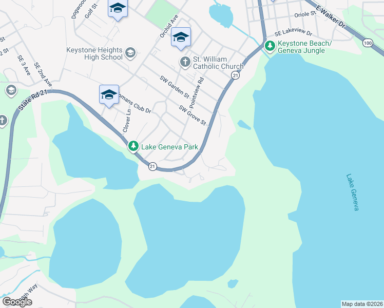 map of restaurants, bars, coffee shops, grocery stores, and more near 1320 South Lawrence Boulevard in Keystone Heights