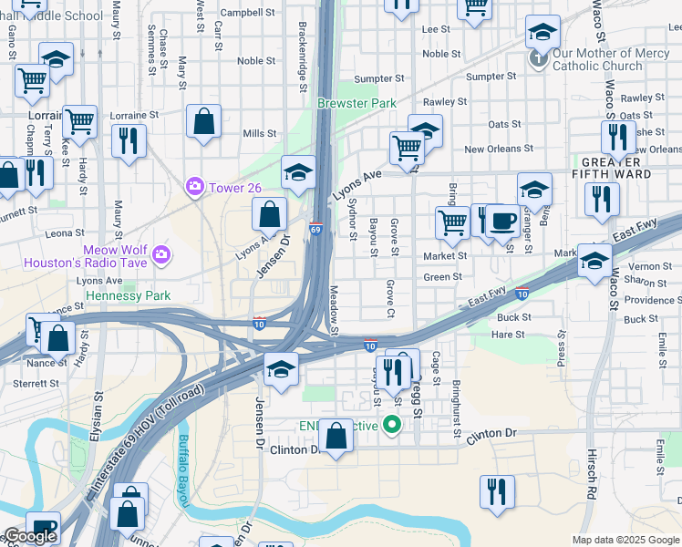 map of restaurants, bars, coffee shops, grocery stores, and more near 1208 Meadow Street in Houston