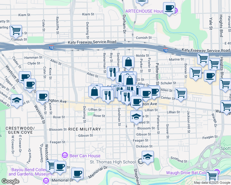 map of restaurants, bars, coffee shops, grocery stores, and more near 1100 Roy Street in Houston