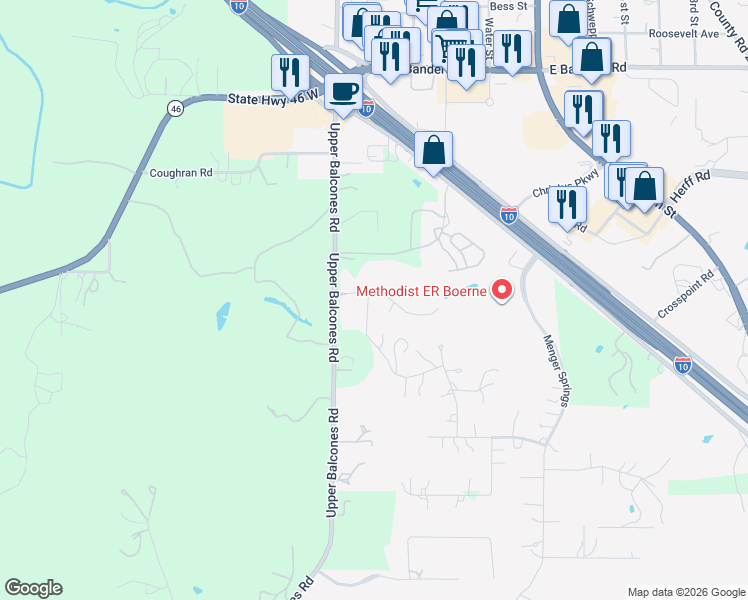 map of restaurants, bars, coffee shops, grocery stores, and more near 225 Knoll Springs in Boerne