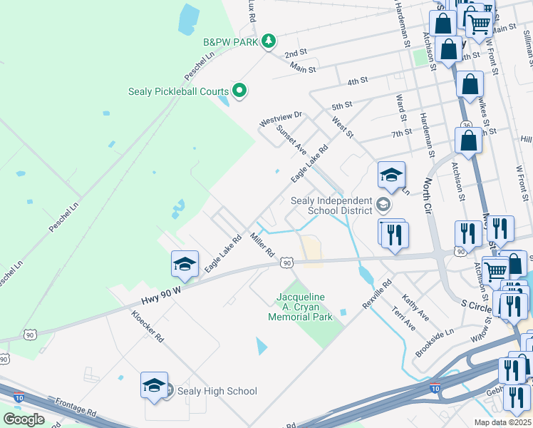 map of restaurants, bars, coffee shops, grocery stores, and more near 1400 Eagle Lake Road in Sealy