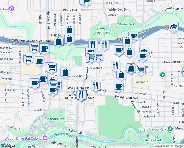 map of restaurants, bars, coffee shops, grocery stores, and more near 2830 Hicks Street in Houston