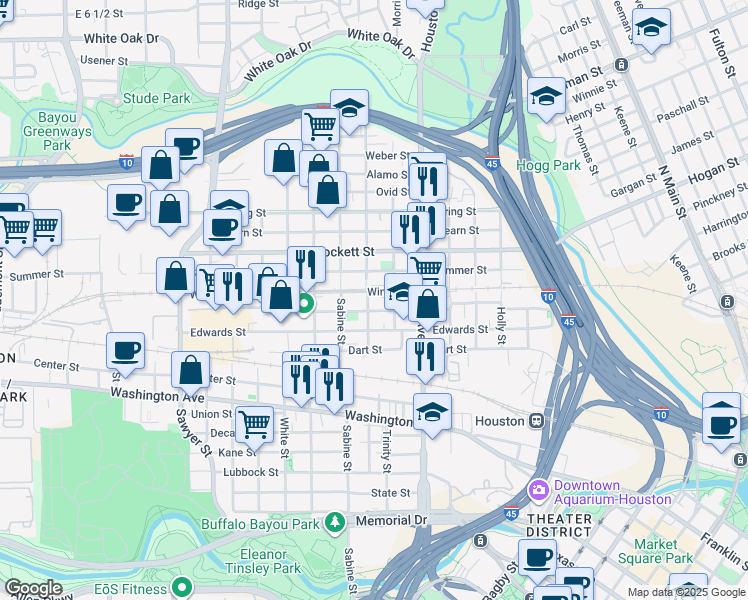 map of restaurants, bars, coffee shops, grocery stores, and more near 1514 Colorado Street in Houston