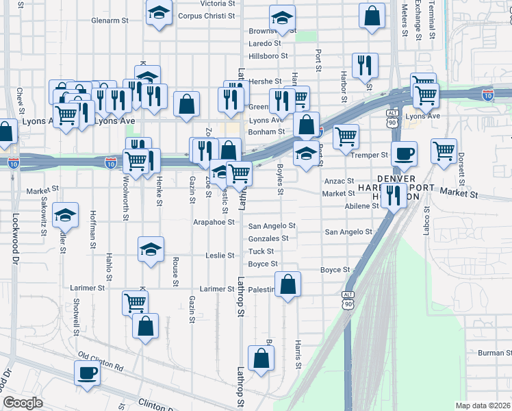 map of restaurants, bars, coffee shops, grocery stores, and more near 6902 Abilene Street in Houston