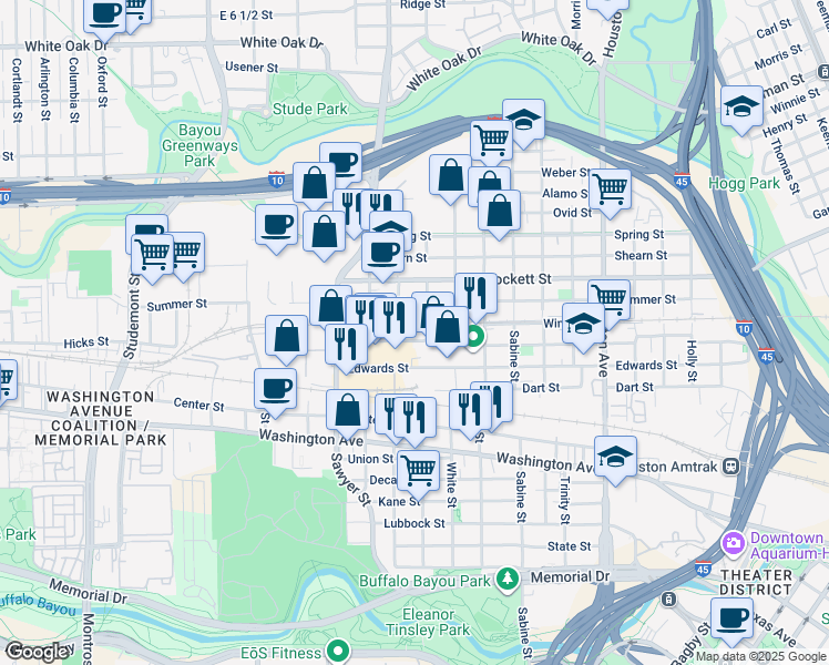 map of restaurants, bars, coffee shops, grocery stores, and more near 2101 Winter Street in Houston