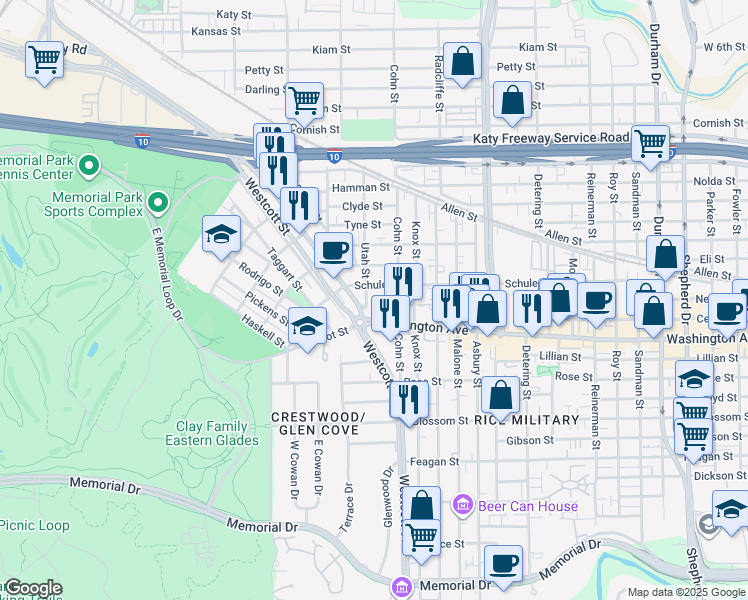 map of restaurants, bars, coffee shops, grocery stores, and more near 6012 Center Street in Houston