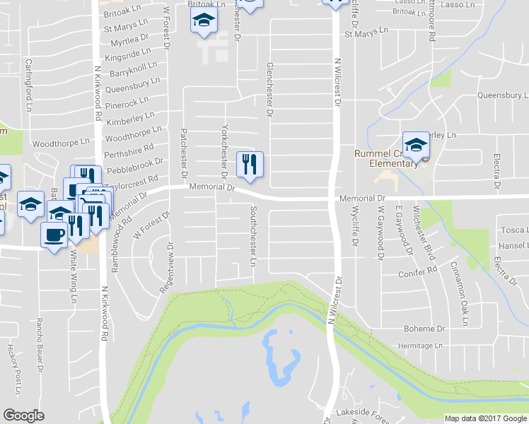 map of restaurants, bars, coffee shops, grocery stores, and more near 443 Glenchester Street in Houston