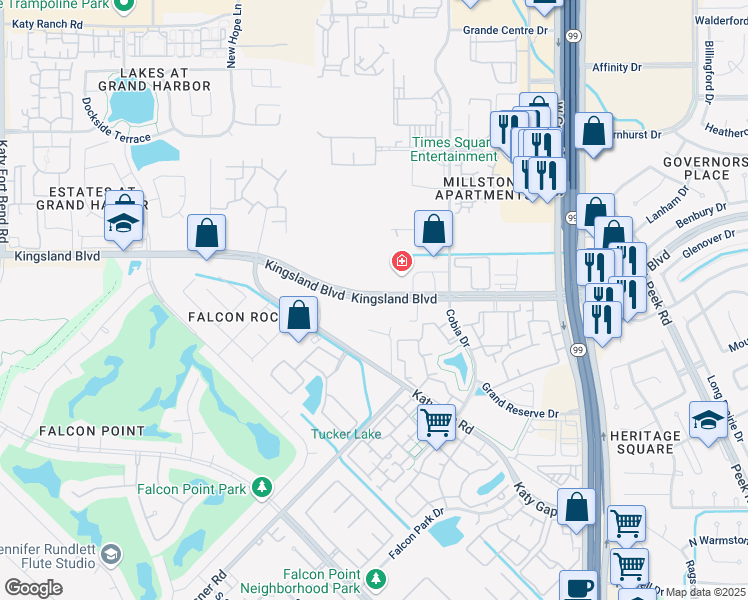 map of restaurants, bars, coffee shops, grocery stores, and more near 23543 Kingsland Boulevard in Katy
