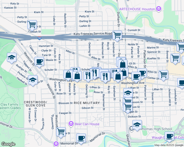 map of restaurants, bars, coffee shops, grocery stores, and more near 5300 Nett Street in Houston