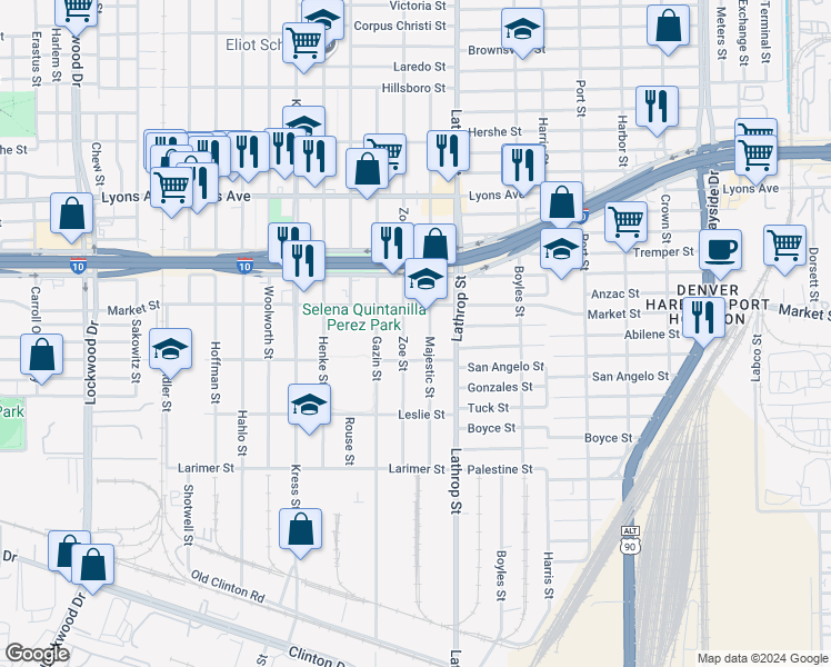 map of restaurants, bars, coffee shops, grocery stores, and more near 916 Majestic Street in Houston