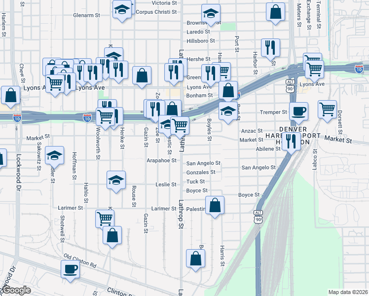 map of restaurants, bars, coffee shops, grocery stores, and more near 6902 Abilene Street in Houston