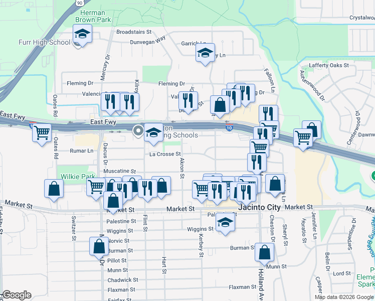 map of restaurants, bars, coffee shops, grocery stores, and more near 10715 La Crosse Street in Houston