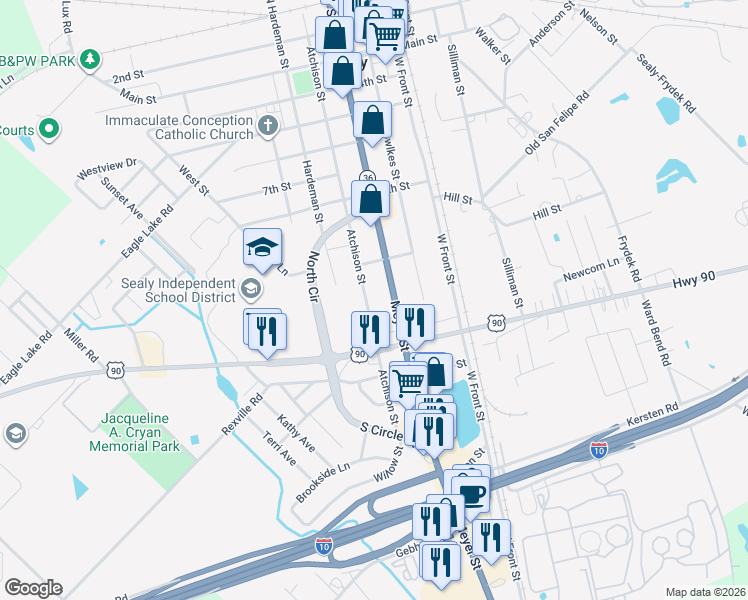 map of restaurants, bars, coffee shops, grocery stores, and more near 1110 Atchison Street in Sealy
