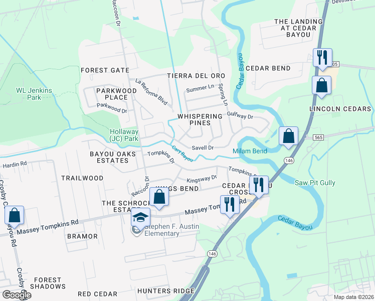 map of restaurants, bars, coffee shops, grocery stores, and more near 3607 Savell Drive in Baytown
