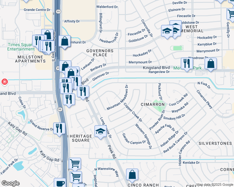 map of restaurants, bars, coffee shops, grocery stores, and more near 22922 Copper Creek Lane in Katy