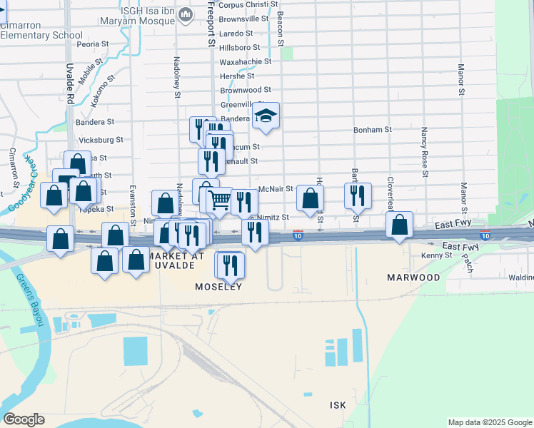 map of restaurants, bars, coffee shops, grocery stores, and more near 14021 Nimitz Street in Houston