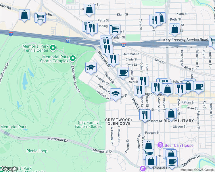 map of restaurants, bars, coffee shops, grocery stores, and more near 6401 Rodrigo Street in Houston
