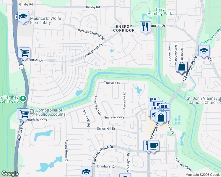 map of restaurants, bars, coffee shops, grocery stores, and more near 910 Ivy Parkway Drive in Houston
