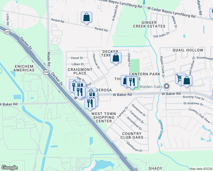 map of restaurants, bars, coffee shops, grocery stores, and more near 4512 Hemlock Drive in Baytown