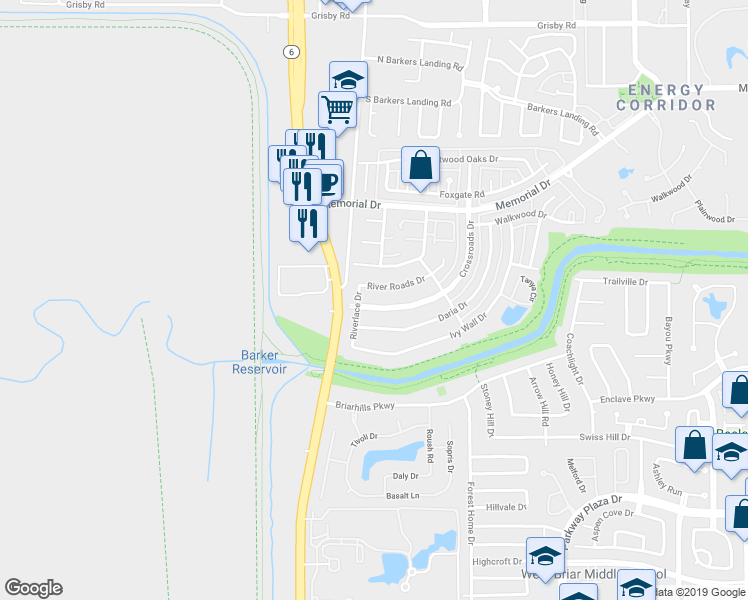 map of restaurants, bars, coffee shops, grocery stores, and more near 1118 Crossroads Drive in Houston