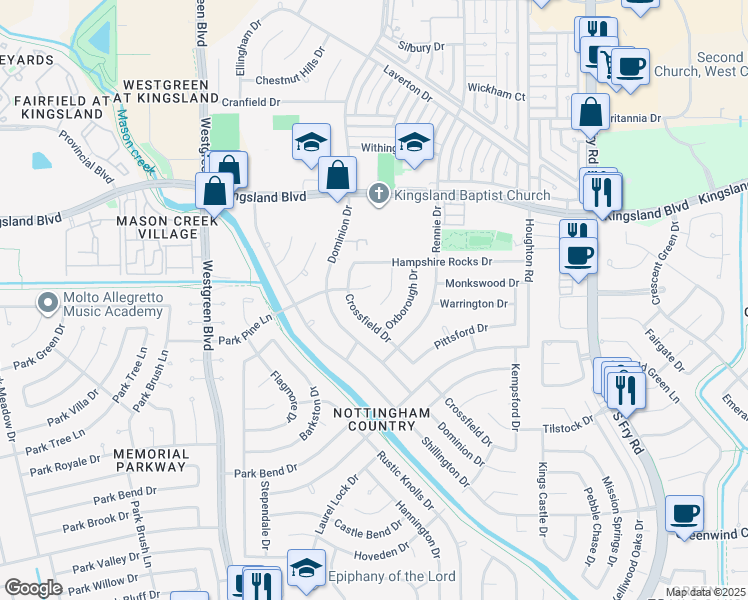 map of restaurants, bars, coffee shops, grocery stores, and more near 1110 Chippenham Drive in Katy