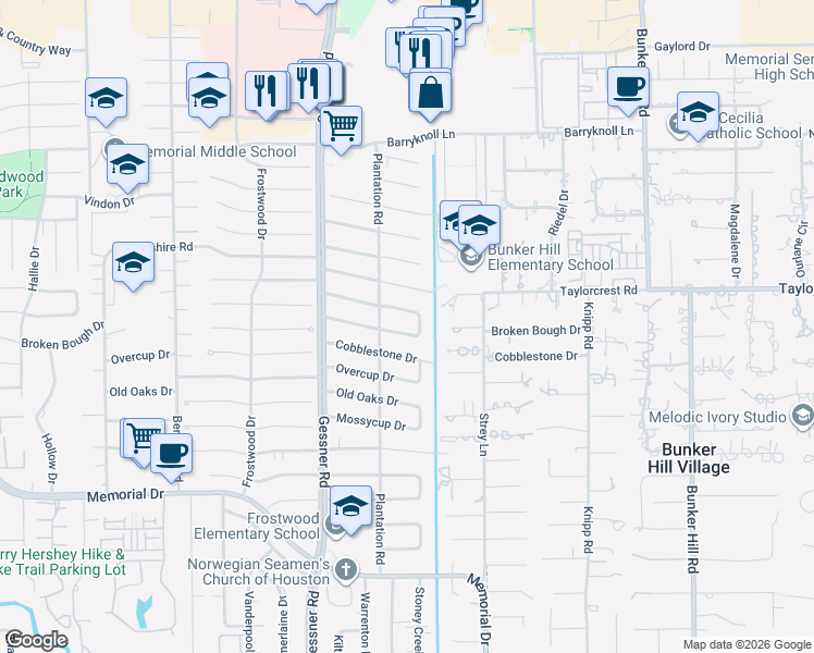 map of restaurants, bars, coffee shops, grocery stores, and more near 12122 Broken Bough Dr in Houston
