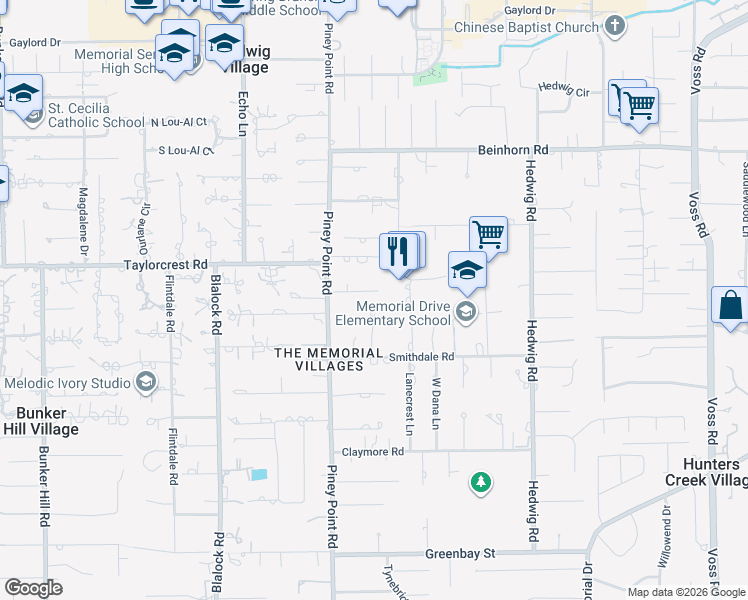 map of restaurants, bars, coffee shops, grocery stores, and more near 6 Jeffers Court in Houston