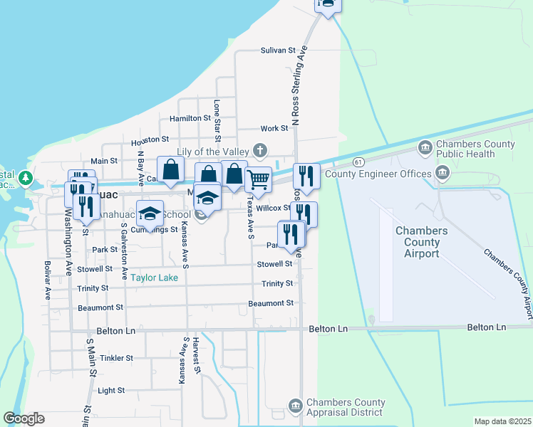 map of restaurants, bars, coffee shops, grocery stores, and more near 1206 Willcox Street in Anahuac