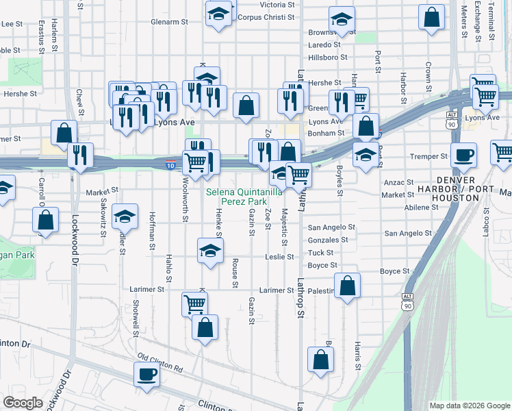 map of restaurants, bars, coffee shops, grocery stores, and more near 923 Gazin Street in Houston