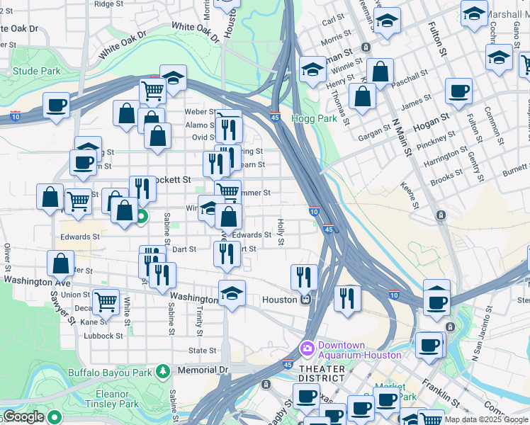 map of restaurants, bars, coffee shops, grocery stores, and more near 1220 Bingham Street in Houston