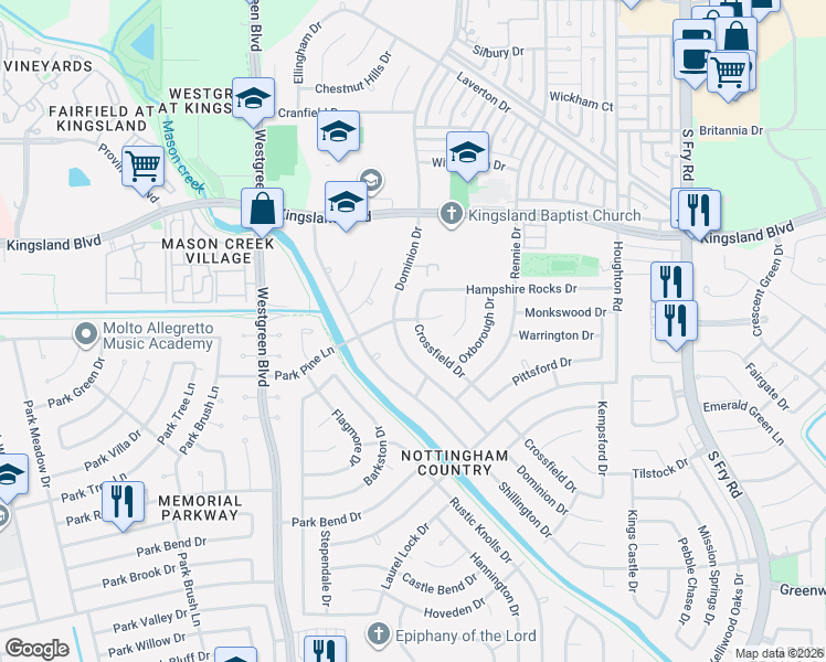 map of restaurants, bars, coffee shops, grocery stores, and more near 1007 Dominion Drive in Katy