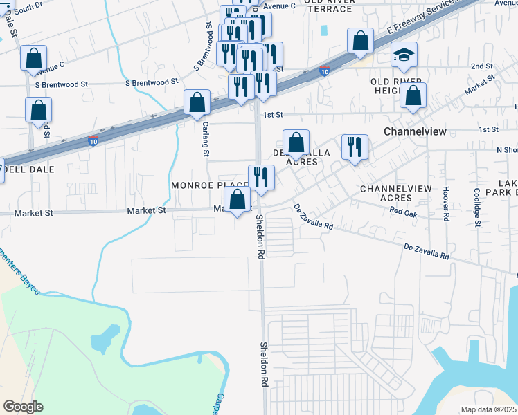 map of restaurants, bars, coffee shops, grocery stores, and more near Sheldon Rd & Market St in Channelview