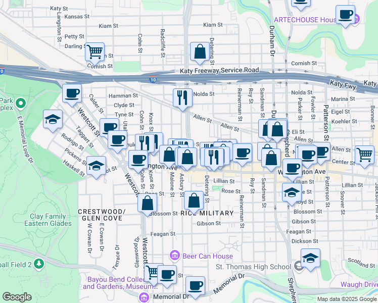 map of restaurants, bars, coffee shops, grocery stores, and more near 177 T C Jester Boulevard in Houston