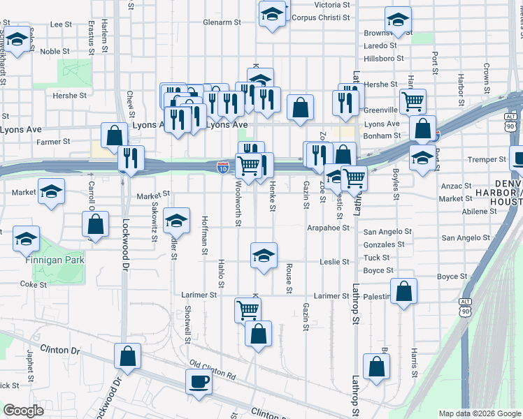 map of restaurants, bars, coffee shops, grocery stores, and more near 923 Kress Street in Houston
