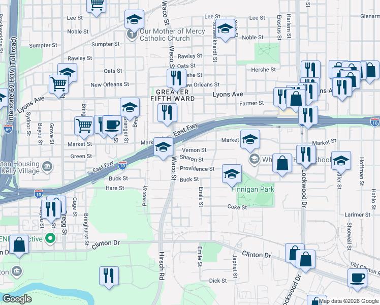 map of restaurants, bars, coffee shops, grocery stores, and more near 4508 Vernon Street in Houston