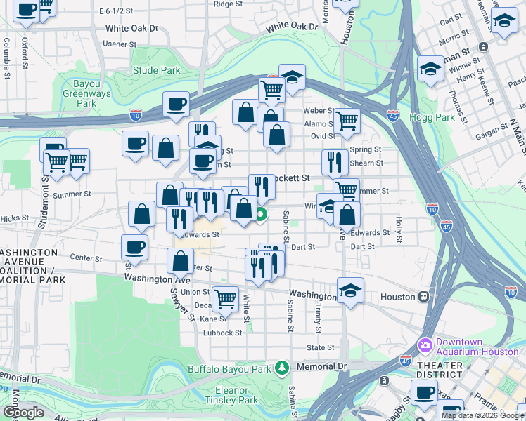 map of restaurants, bars, coffee shops, grocery stores, and more near 1501 Silver Street in Houston