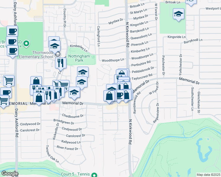 map of restaurants, bars, coffee shops, grocery stores, and more near 742 Bateswood Drive in Houston