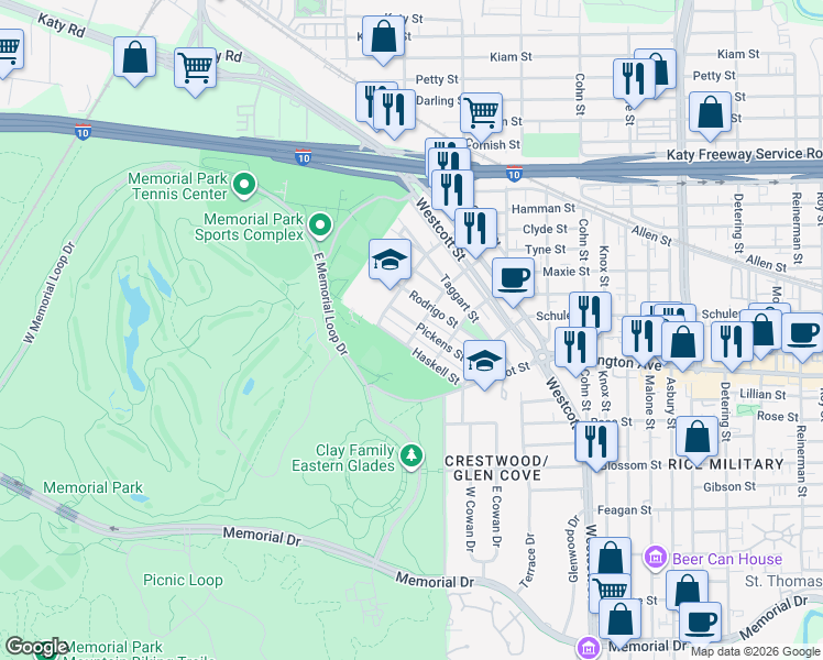 map of restaurants, bars, coffee shops, grocery stores, and more near 6501 Pickens Street in Houston