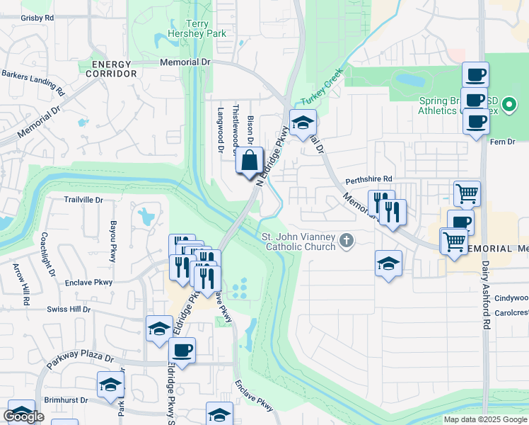 map of restaurants, bars, coffee shops, grocery stores, and more near 654 North Eldridge Parkway in Houston