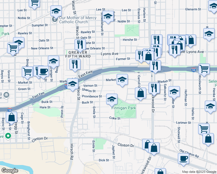 map of restaurants, bars, coffee shops, grocery stores, and more near 4718 Vernon St in Houston