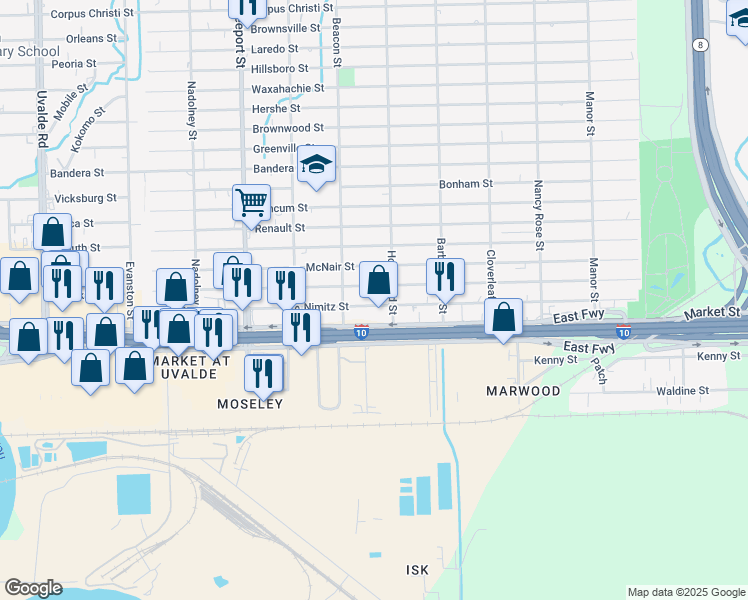map of restaurants, bars, coffee shops, grocery stores, and more near 14131 Nimitz Street in Houston