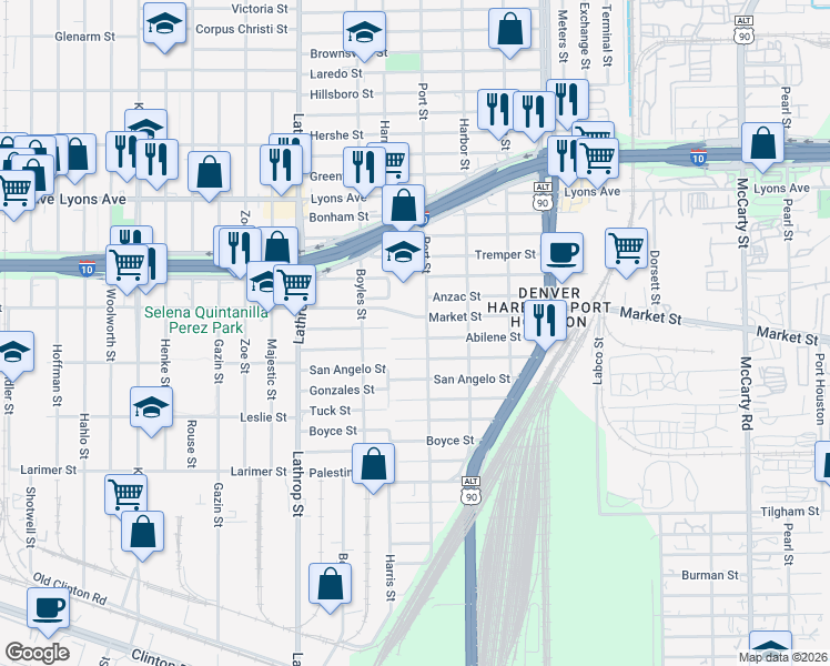map of restaurants, bars, coffee shops, grocery stores, and more near 7229 Abilene Street in Houston