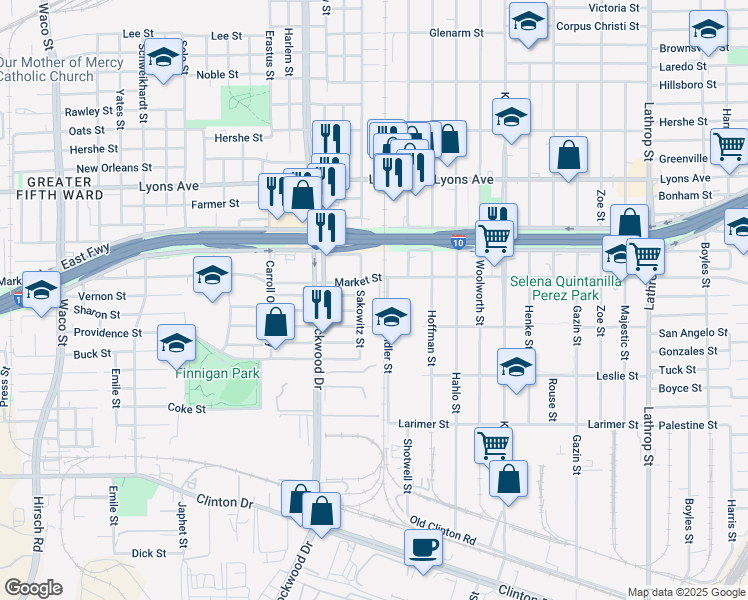 map of restaurants, bars, coffee shops, grocery stores, and more near 5618 Sakowitz Street in Houston