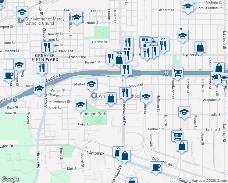 map of restaurants, bars, coffee shops, grocery stores, and more near 1235 Carroll Oliver Way in Houston