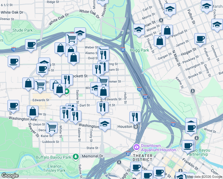 map of restaurants, bars, coffee shops, grocery stores, and more near 1507 Hickory Street in Houston